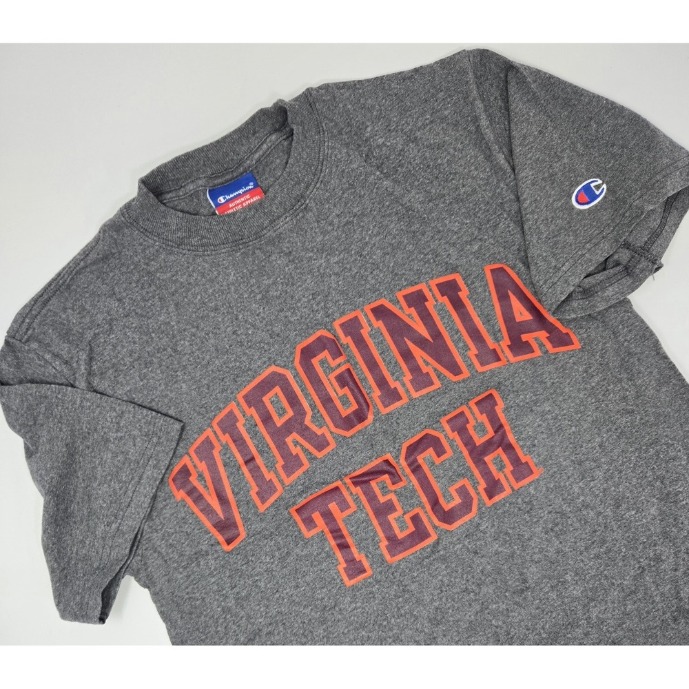 Virginia Tech T Shirt Mens M Champion‎ Heather Gray Spellout VT Hokies ACC VTG